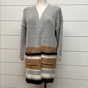 Gray and Tan Long Open-Front Cardigan Sweater